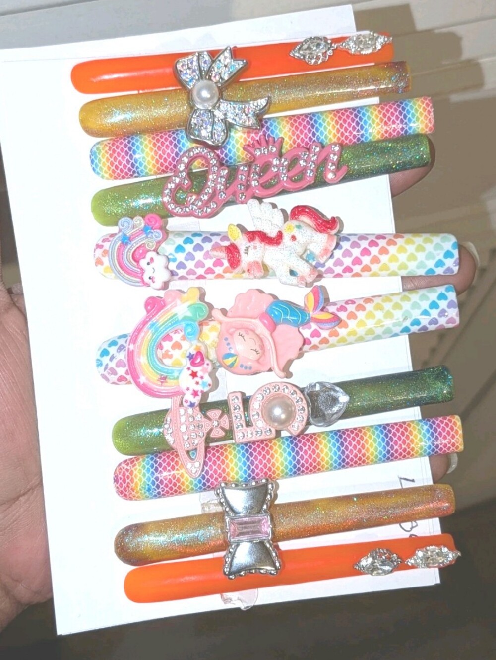 SolddddHand Crafted 6Xl Acrylic Rainbow & Orange Press-On Nails Set with Charms - Picture 1 of 16